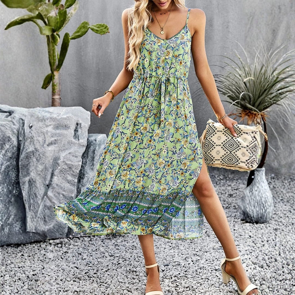 Mary Floral V-Neck Midi Dress – Spaghetti Strap Flowing Summer Silhouette