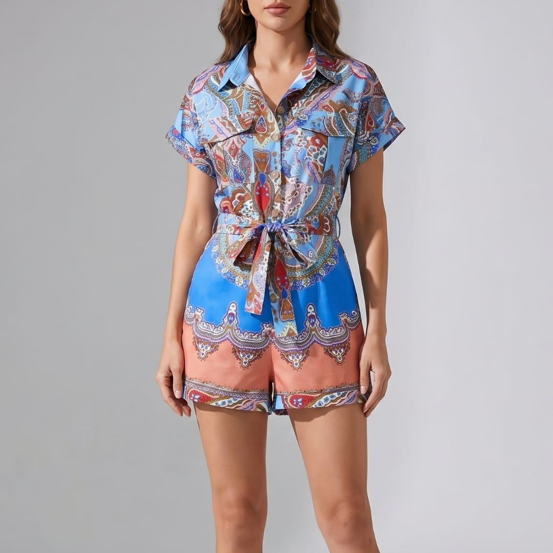 Sienna Ethnic Print Short Sleeve Boho Jumpsuit – Lightweight Summer Romper