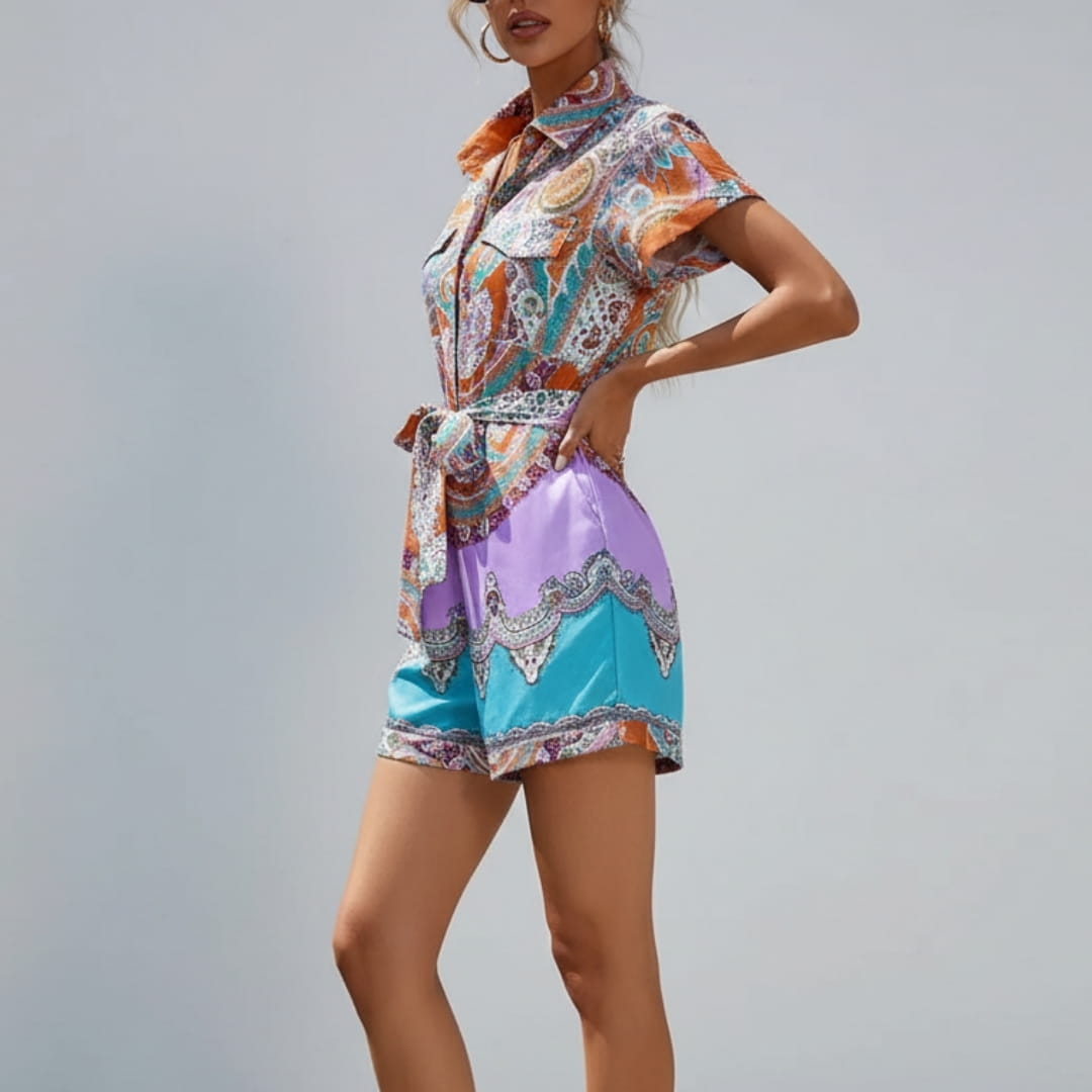 Sienna Ethnic Print Short Sleeve Boho Jumpsuit – Lightweight Summer Romper