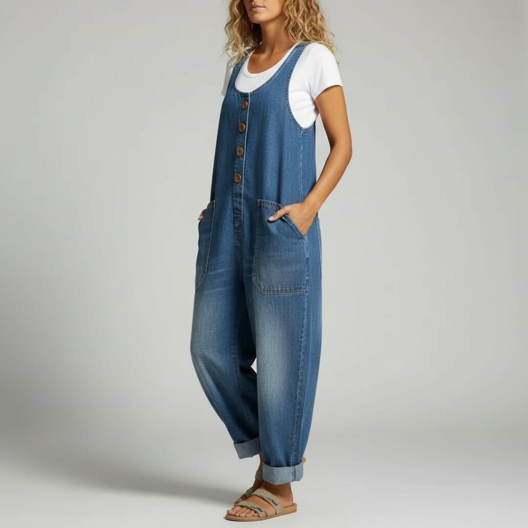 Jane Cotton Denim Wide Leg Overalls – Relaxed Adjustable Casual Jumpsuit
