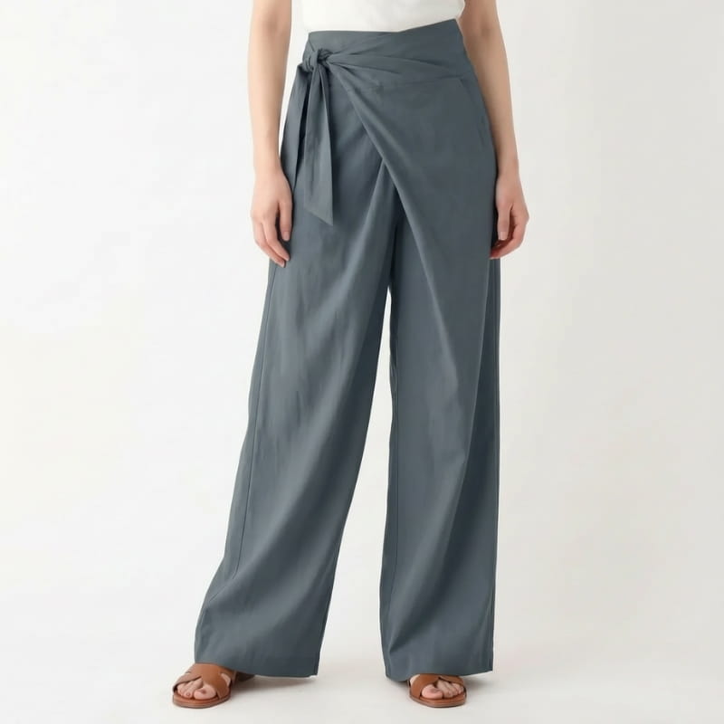 Chiara Linen Blend Wrap Waist Wide Leg Trousers – Relaxed Comfort Fit