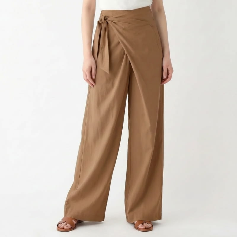 Chiara Linen Blend Wrap Waist Wide Leg Trousers – Relaxed Comfort Fit