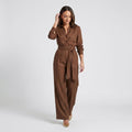Jessy Linen Wide Leg Jumpsuit – Shirt Collar Self-Tie Belt Long Sleeve Elegant Casual Outfit
