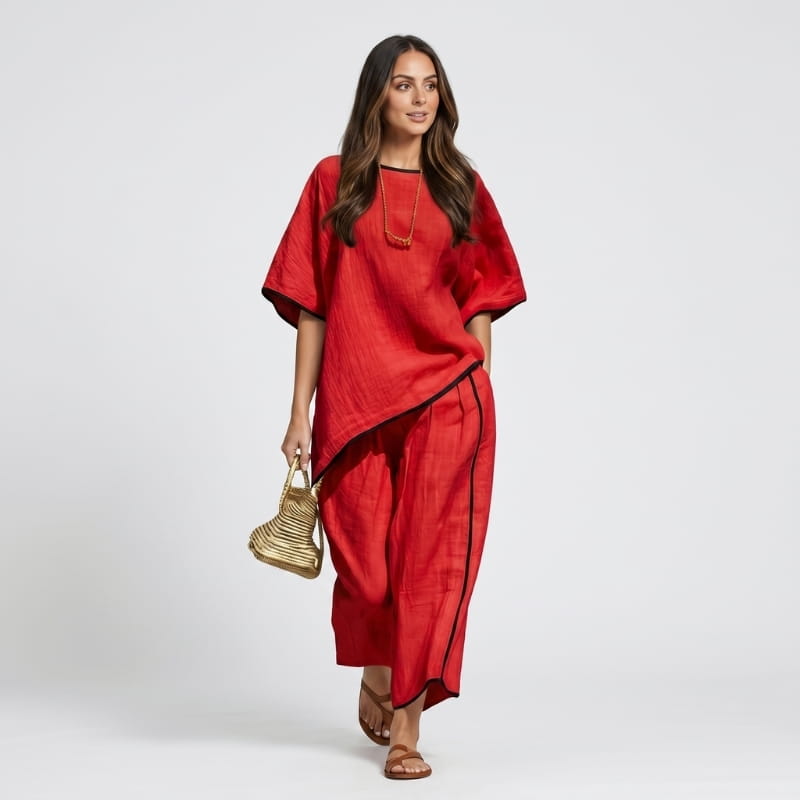 Alona Contrast Trim Linen Two-Piece Set – Round Neck Oversized Top Cropped Wide Leg Outfit