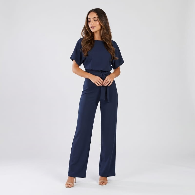 Nadia Woven Wide Leg Jumpsuit – Bateau Neck Dolman Sleeve Self-Tie Belt Elegant Occasion Outfit