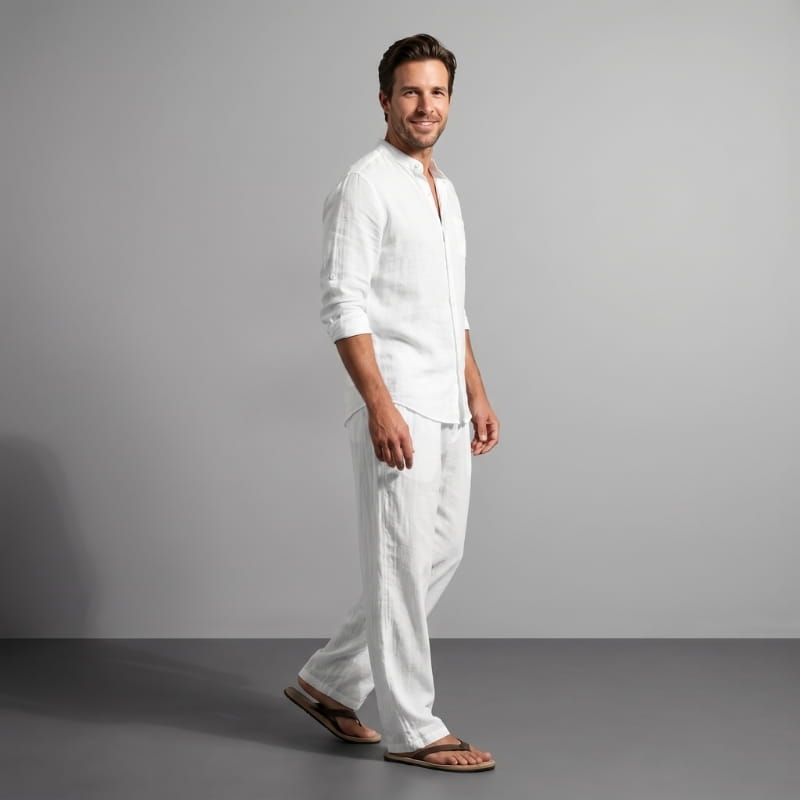 Felix Linen Two-Piece Set – Band Collar Shirt Wide Leg Elastic Waist Relaxed Casual Outfit