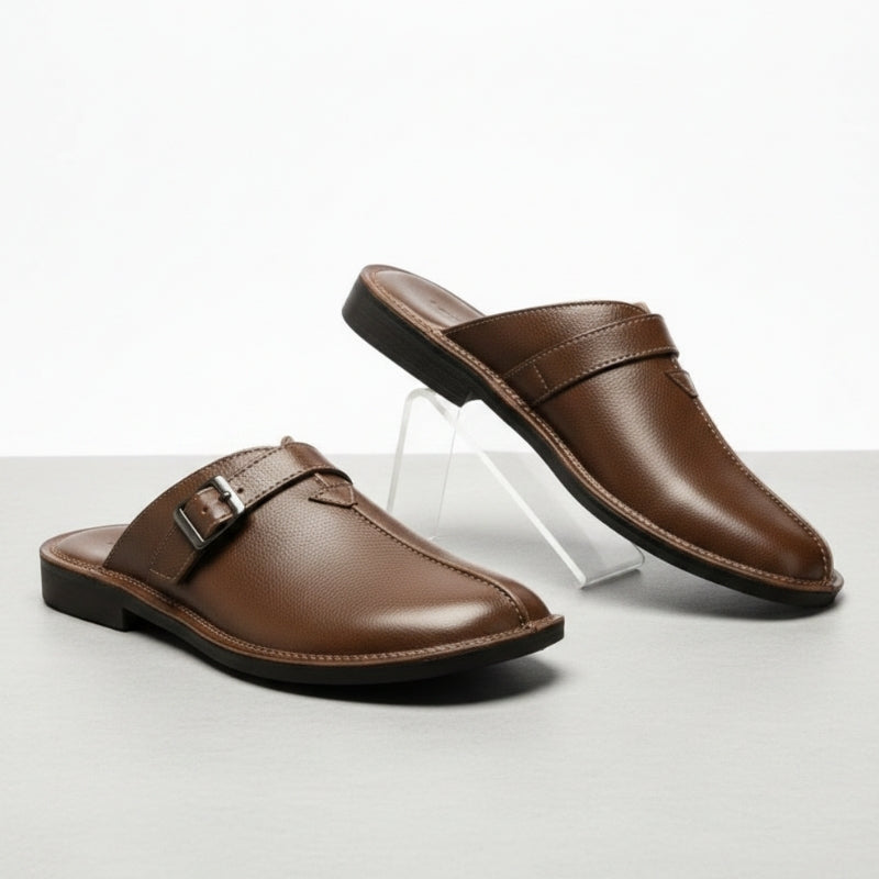 William Buckled Leather Mule Loafers – Cushioned Comfort Slip-On Shoes