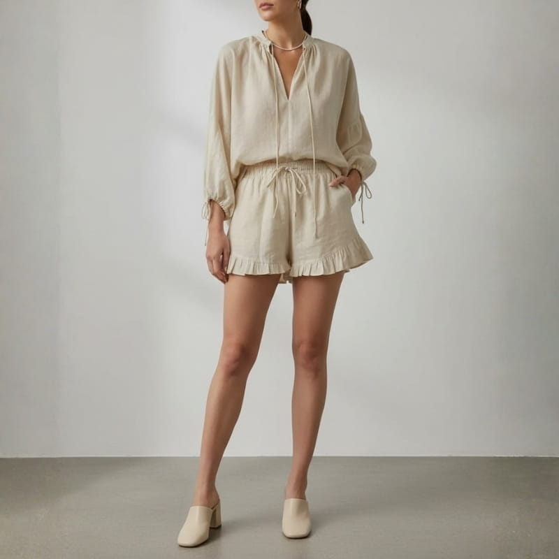 Aveline Puff Sleeve Two Piece Short Set Soft Fabric Relaxed Summer Outfit