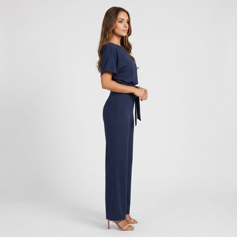 Nadia Woven Wide Leg Jumpsuit – Bateau Neck Dolman Sleeve Self-Tie Belt Elegant Occasion Outfit