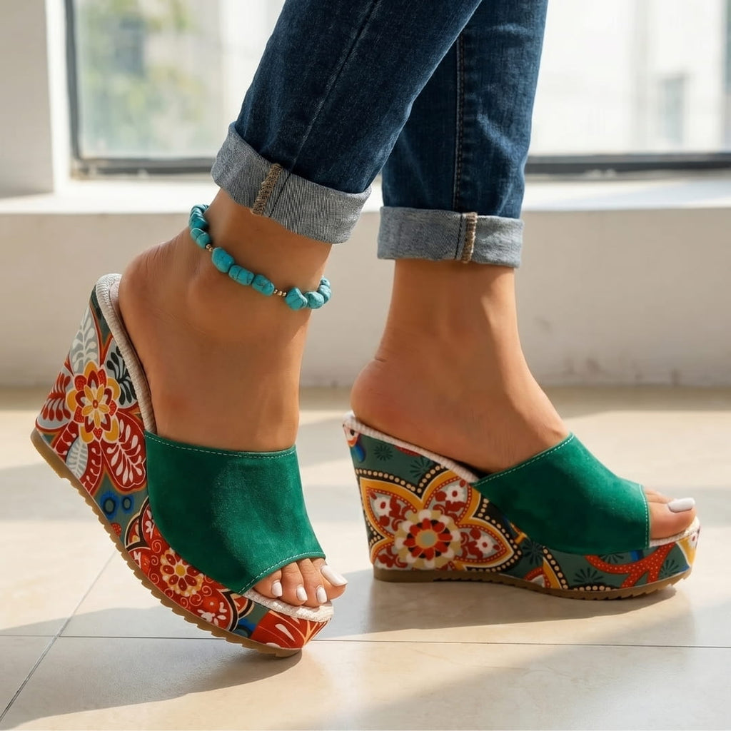 Clara Velvet Wedge Sandals – Artistic Floral Slip-On Summer Footwear