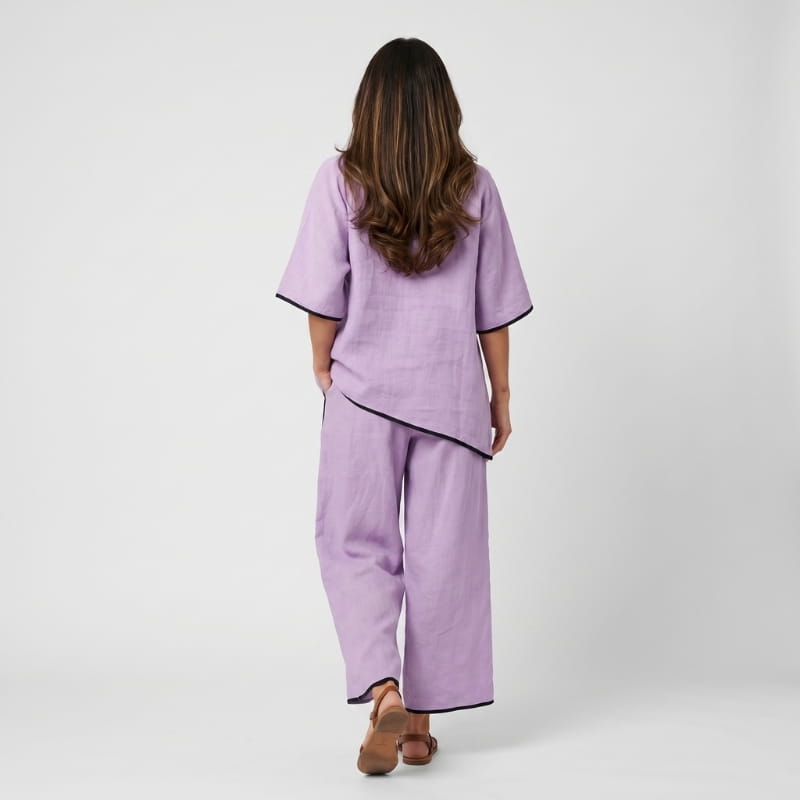 Alona Contrast Trim Linen Two-Piece Set – Round Neck Oversized Top Cropped Wide Leg Outfit