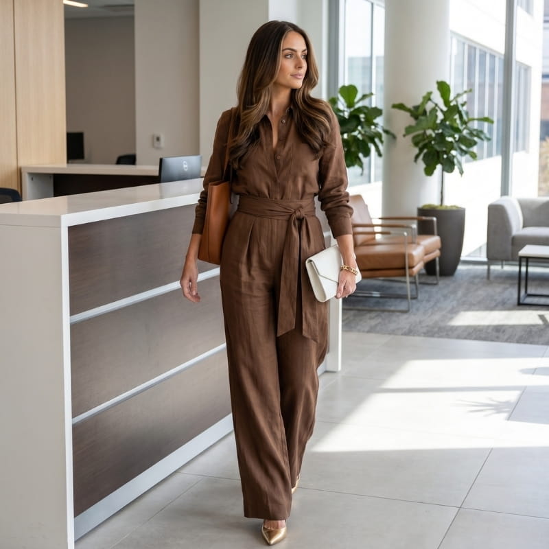 Jessy Linen Wide Leg Jumpsuit – Shirt Collar Self-Tie Belt Long Sleeve Elegant Casual Outfit