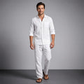 Felix Linen Two-Piece Set – Band Collar Shirt Wide Leg Elastic Waist Relaxed Casual Outfit