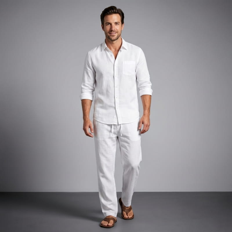Felix Linen Two-Piece Set – Band Collar Shirt Wide Leg Elastic Waist Relaxed Casual Outfit