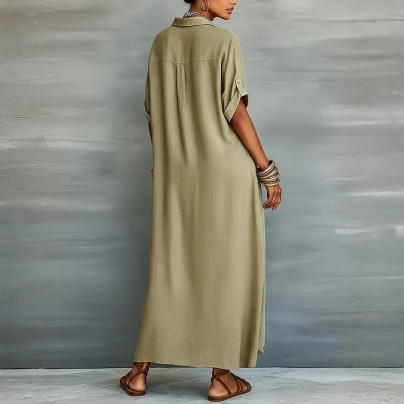 Aurelia Cotton Linen Contrast Trim Button Shirt Maxi Dress – Relaxed Vacation Silhouette