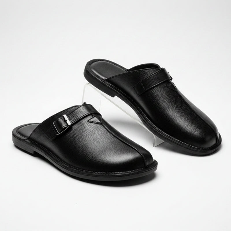 William Buckled Leather Mule Loafers – Cushioned Comfort Slip-On Shoes