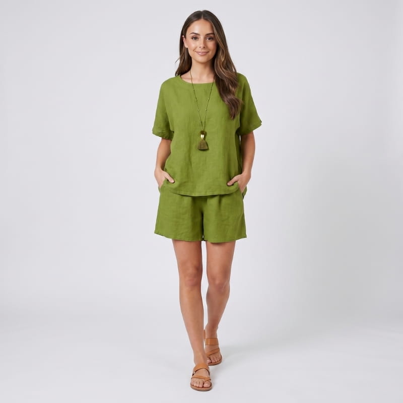 Brisa Linen Two-Piece Set – Batwing Round Neck Oversized Top Elastic Waist Shorts Casual Outfit