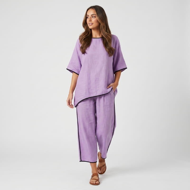 Alona Contrast Trim Linen Two-Piece Set – Round Neck Oversized Top Cropped Wide Leg Outfit