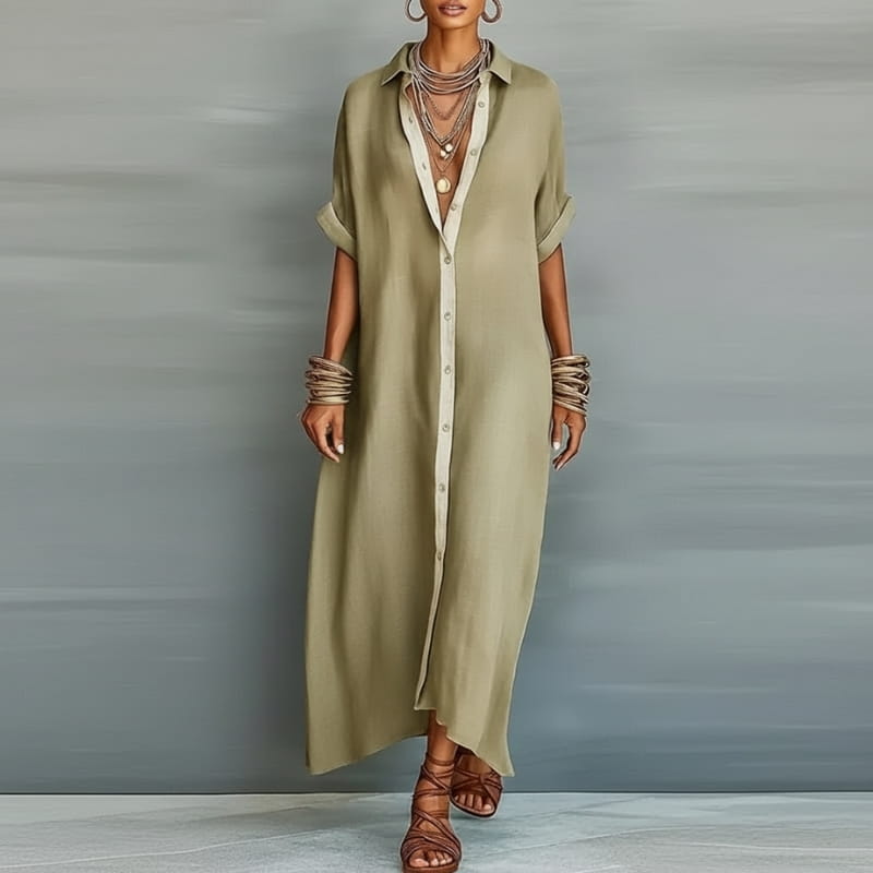 Aurelia Cotton Linen Contrast Trim Button Shirt Maxi Dress – Relaxed Vacation Silhouette