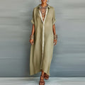 Aurelia Cotton Linen Contrast Trim Button Shirt Maxi Dress – Relaxed Vacation Silhouette
