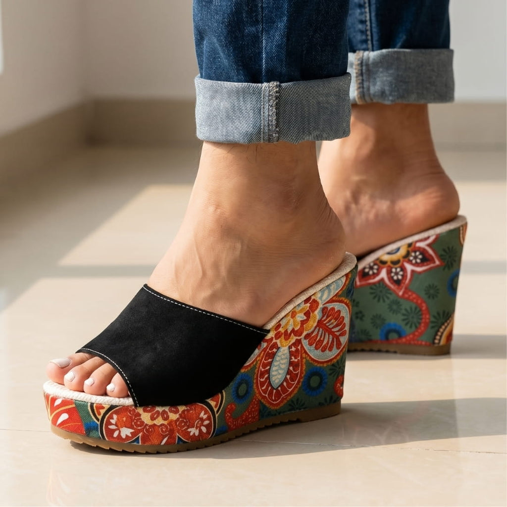 Clara Velvet Wedge Sandals – Artistic Floral Slip-On Summer Footwear