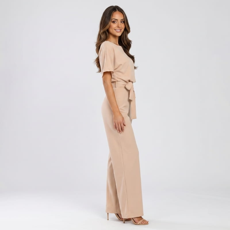 Nadia Woven Wide Leg Jumpsuit – Bateau Neck Dolman Sleeve Self-Tie Belt Elegant Occasion Outfit