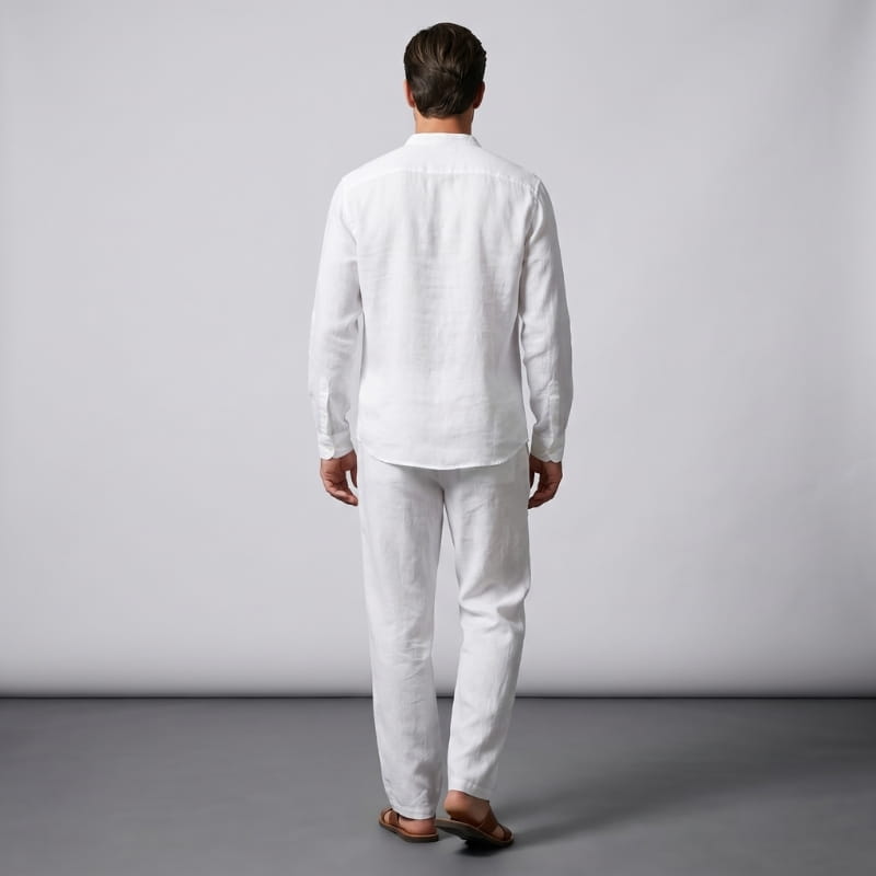 Felix Linen Two-Piece Set – Band Collar Shirt Wide Leg Elastic Waist Relaxed Casual Outfit