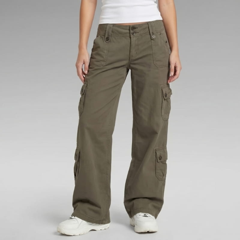 Sienna Washed Cotton Low Rise Wide Leg Cargo Pants – Utility Streetwear Trousers