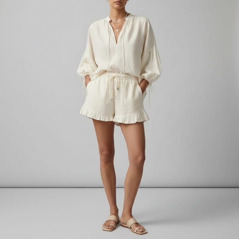 Aveline Puff Sleeve Two Piece Short Set Soft Fabric Relaxed Summer Outfit