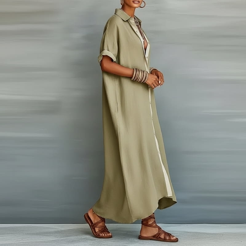 Aurelia Cotton Linen Contrast Trim Button Shirt Maxi Dress – Relaxed Vacation Silhouette