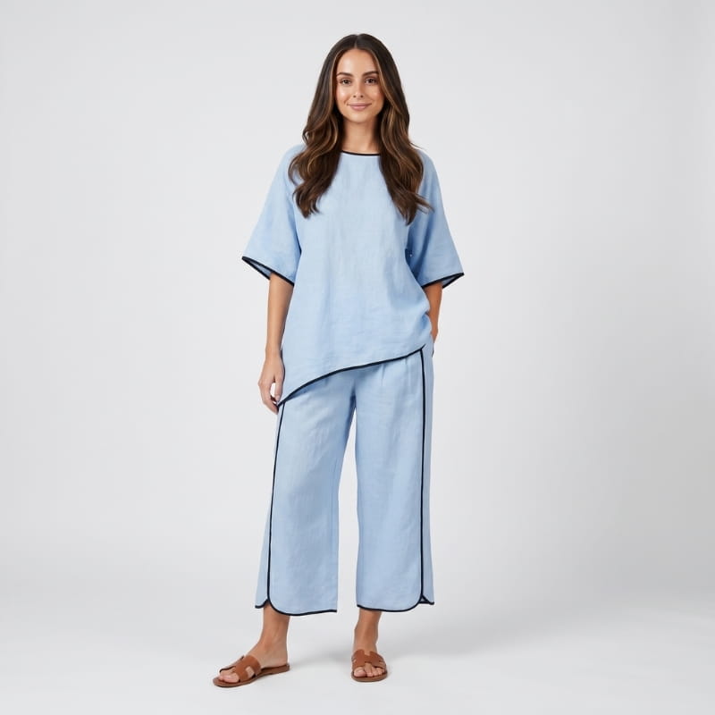Alona Contrast Trim Linen Two-Piece Set – Round Neck Oversized Top Cropped Wide Leg Outfit