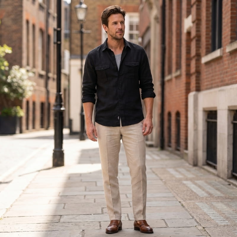 Harold Cotton Linen Utility Shirt – Double Chest Pocket Point Collar Long Sleeve Casual Top