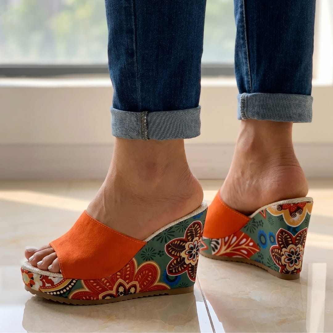 Clara Velvet Wedge Sandals – Artistic Floral Slip-On Summer Footwear