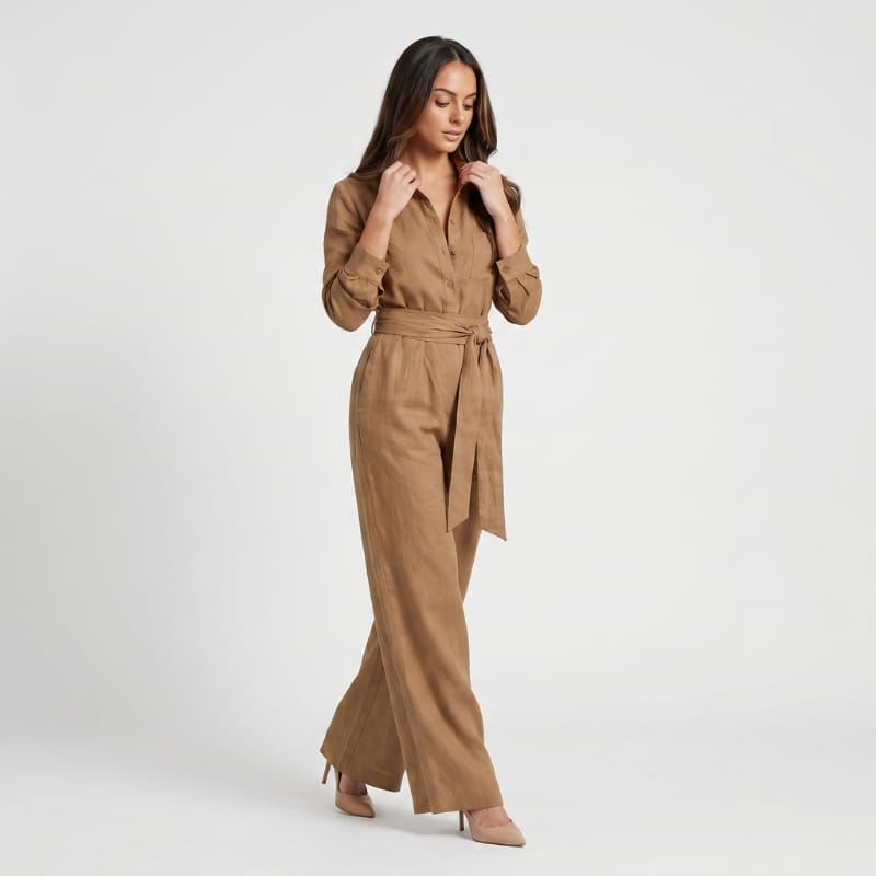 Jessy Linen Wide Leg Jumpsuit – Shirt Collar Self-Tie Belt Long Sleeve Elegant Casual Outfit