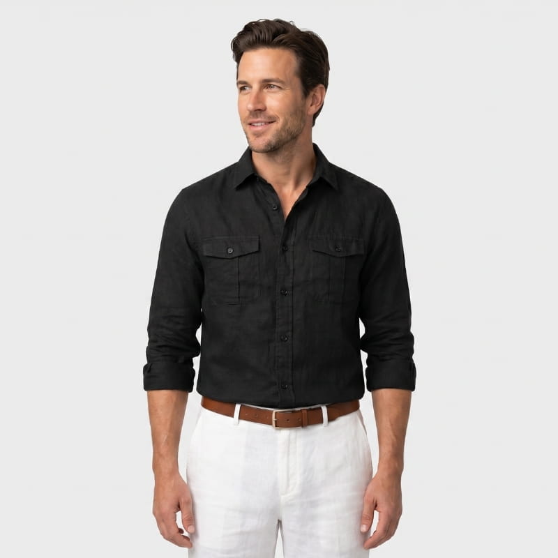 Harold Cotton Linen Utility Shirt – Double Chest Pocket Point Collar Long Sleeve Casual Top