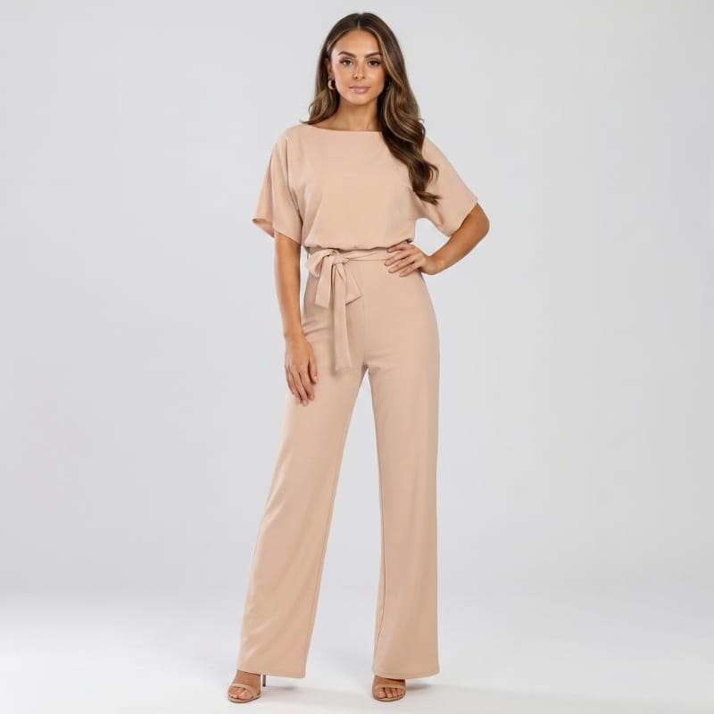 Nadia Woven Wide Leg Jumpsuit – Bateau Neck Dolman Sleeve Self-Tie Belt Elegant Occasion Outfit