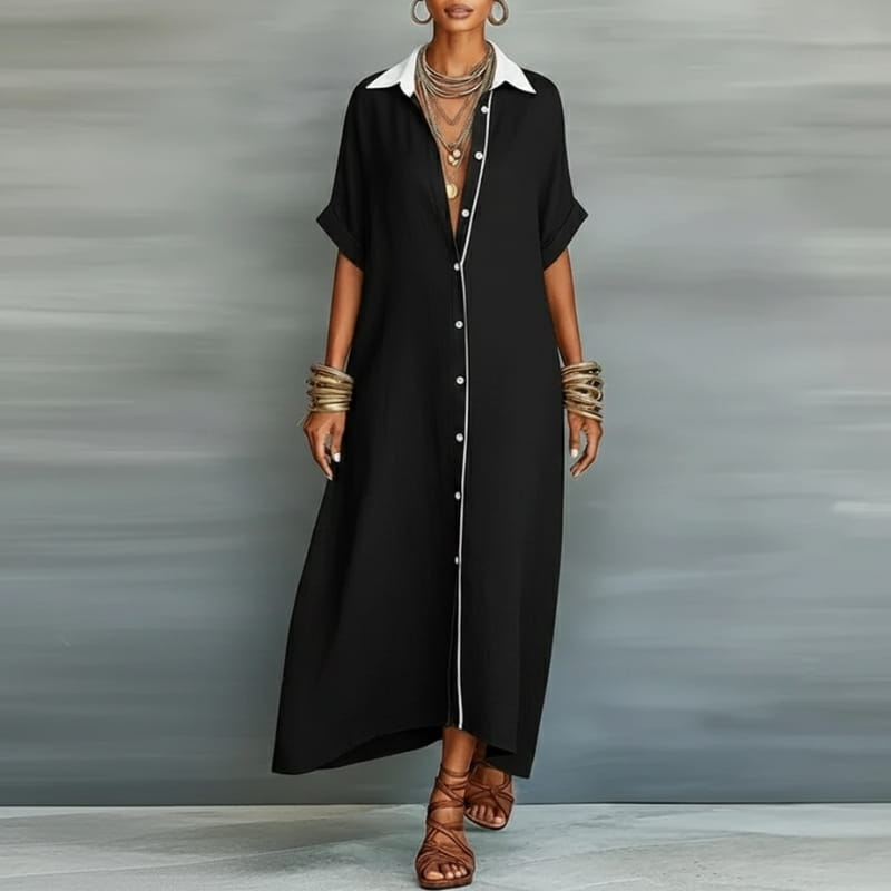 Aurelia Cotton Linen Contrast Trim Button Shirt Maxi Dress – Relaxed Vacation Silhouette