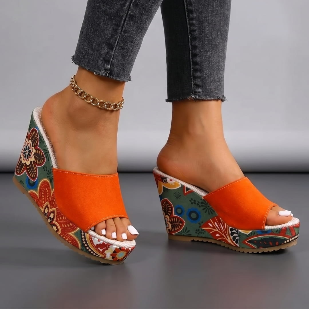 Clara Velvet Wedge Sandals – Artistic Floral Slip-On Summer Footwear