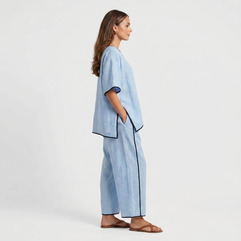 Alona Contrast Trim Linen Two-Piece Set – Round Neck Oversized Top Cropped Wide Leg Outfit