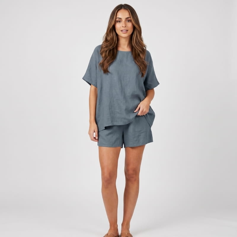 Brisa Linen Two-Piece Set – Batwing Round Neck Oversized Top Elastic Waist Shorts Casual Outfit