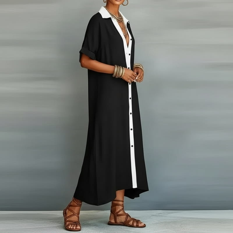 Aurelia Cotton Linen Contrast Trim Button Shirt Maxi Dress – Relaxed Vacation Silhouette