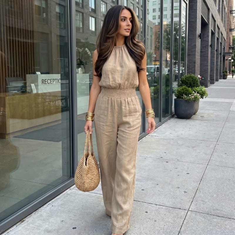 Lorena Linen Halter Neck Jumpsuit – Smocked Waist Wide Leg Sleeveless Boho Casual Outfit
