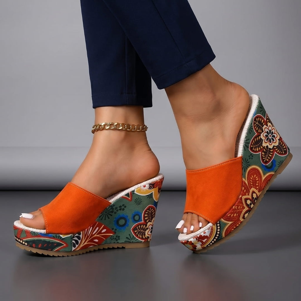 Clara Velvet Wedge Sandals – Artistic Floral Slip-On Summer Footwear