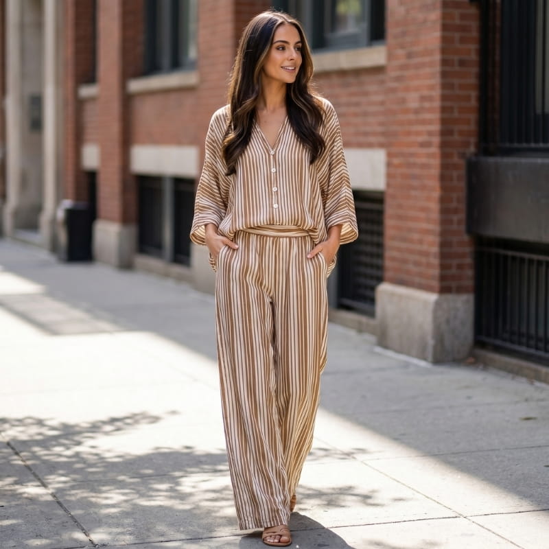Dania Striped Woven Two-Piece Set – Batwing V-Neck Top Wide Leg Drawstring Relaxed Outfit