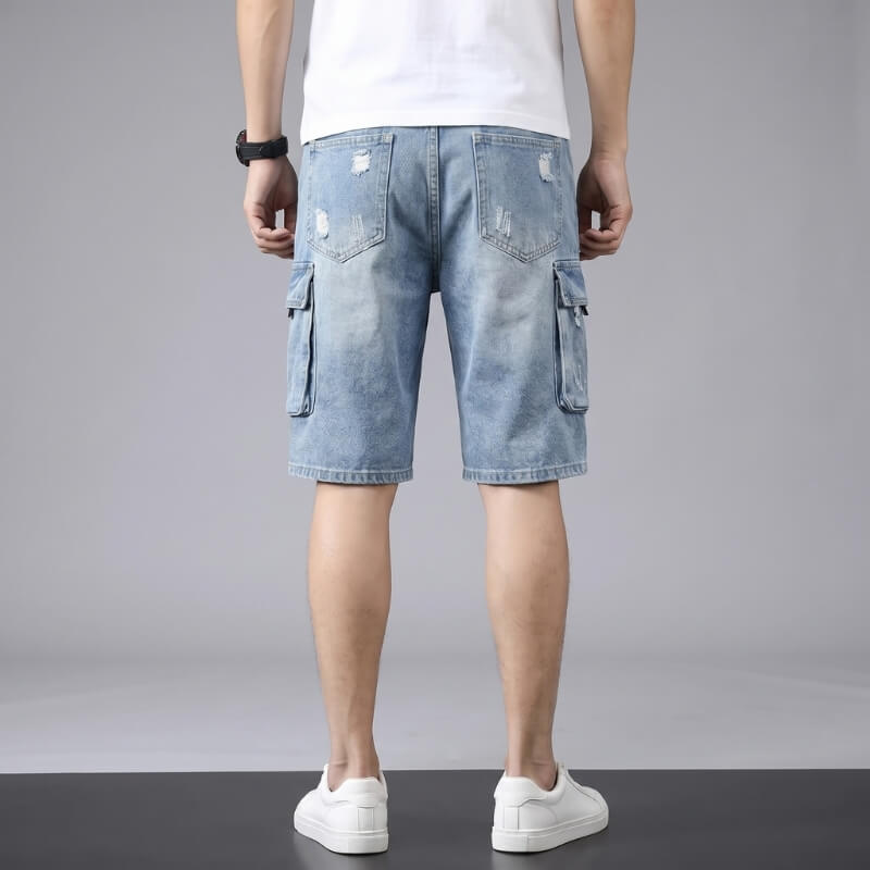 Xavier Stretch Denim Cargo Shorts – Distressed Raw Edge Flap Pocket Relaxed Casual Trousers