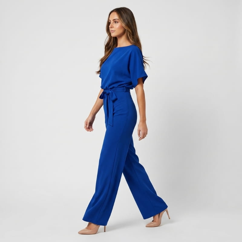 Nadia Woven Wide Leg Jumpsuit – Bateau Neck Dolman Sleeve Self-Tie Belt Elegant Occasion Outfit