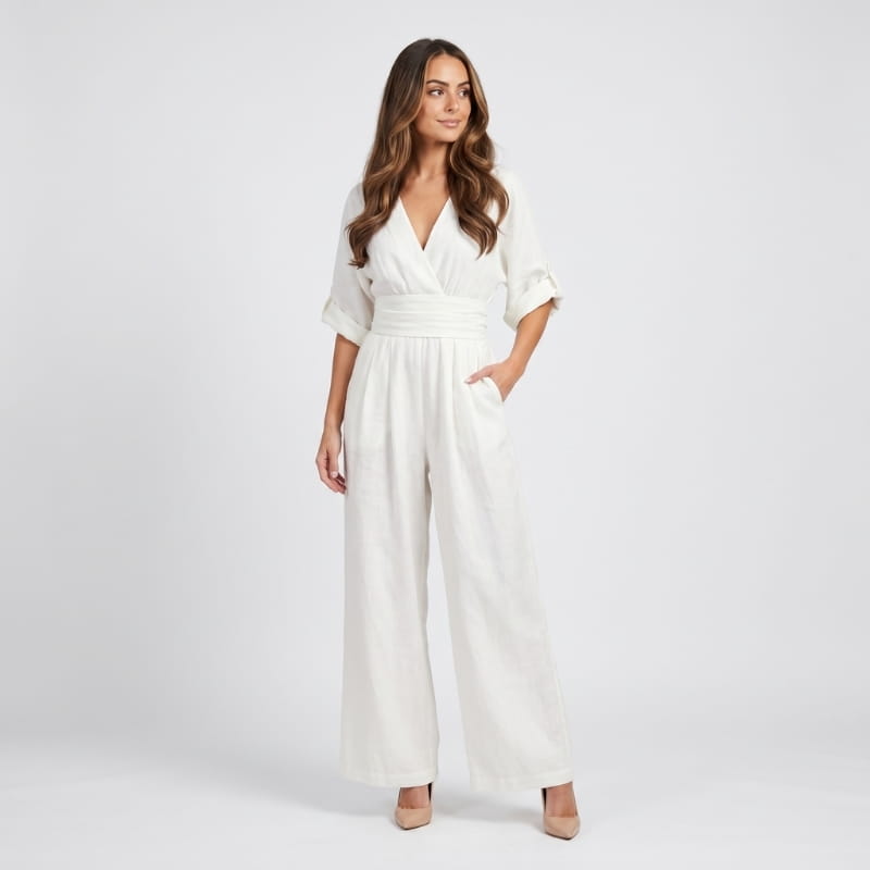 Selene Woven Wide Leg Jumpsuit – Deep V-Neck Obi Waist Dolman Sleeve Elegant Casual Outfit