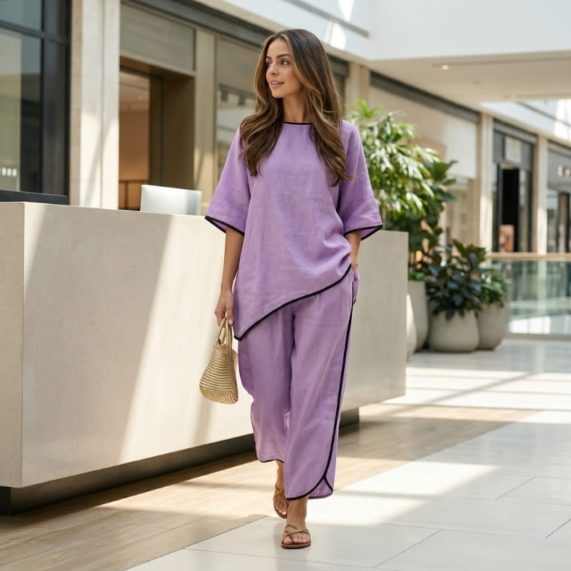 Alona Contrast Trim Linen Two-Piece Set – Round Neck Oversized Top Cropped Wide Leg Outfit
