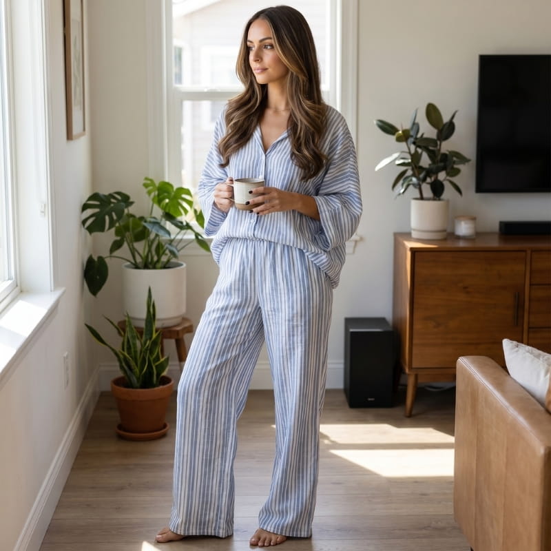 Dania Striped Woven Two-Piece Set – Batwing V-Neck Top Wide Leg Drawstring Relaxed Outfit