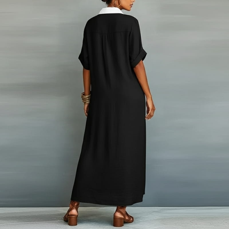 Aurelia Cotton Linen Contrast Trim Button Shirt Maxi Dress – Relaxed Vacation Silhouette